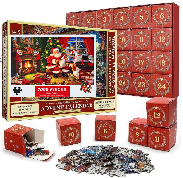 2 st. Super Juligt motiv Adventskalender 2026, Santa 1000 pusselbitar, julkalender pussel - 9