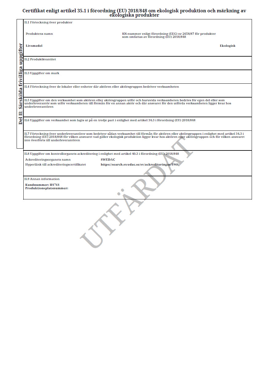 OLIOLI Ekologiskt Certifikat HS Certifiering