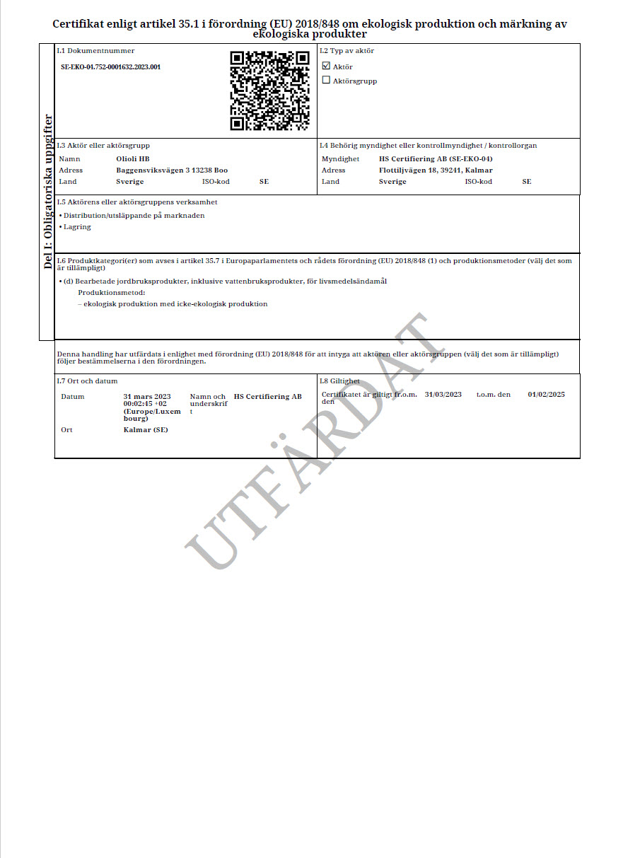 OLIOLI Ekologiskt Certifikat HS Certifiering