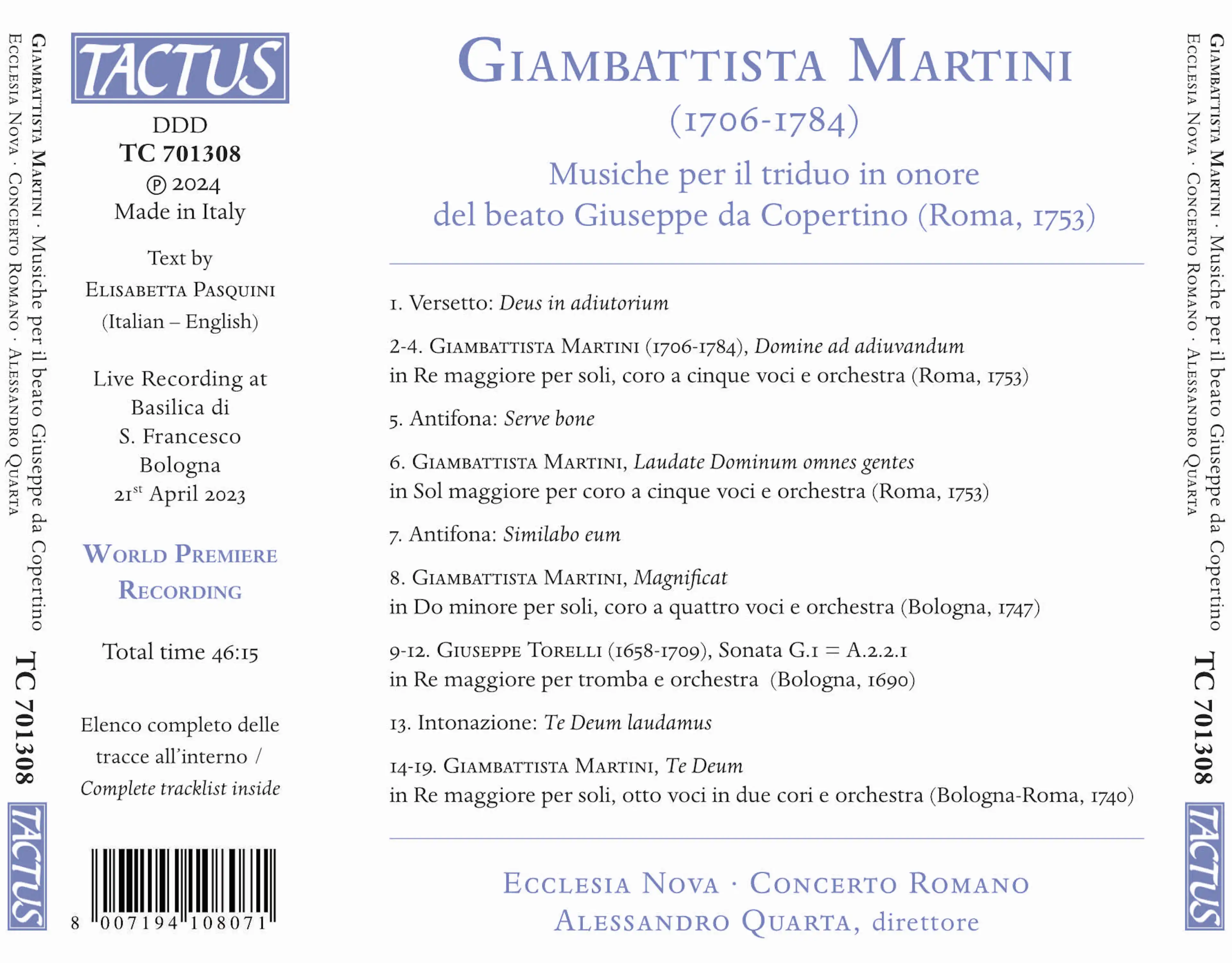 G.B. Martini: Musiche per il triduo in onore del beato Giuseppe da Copertino (Roma, 1753)