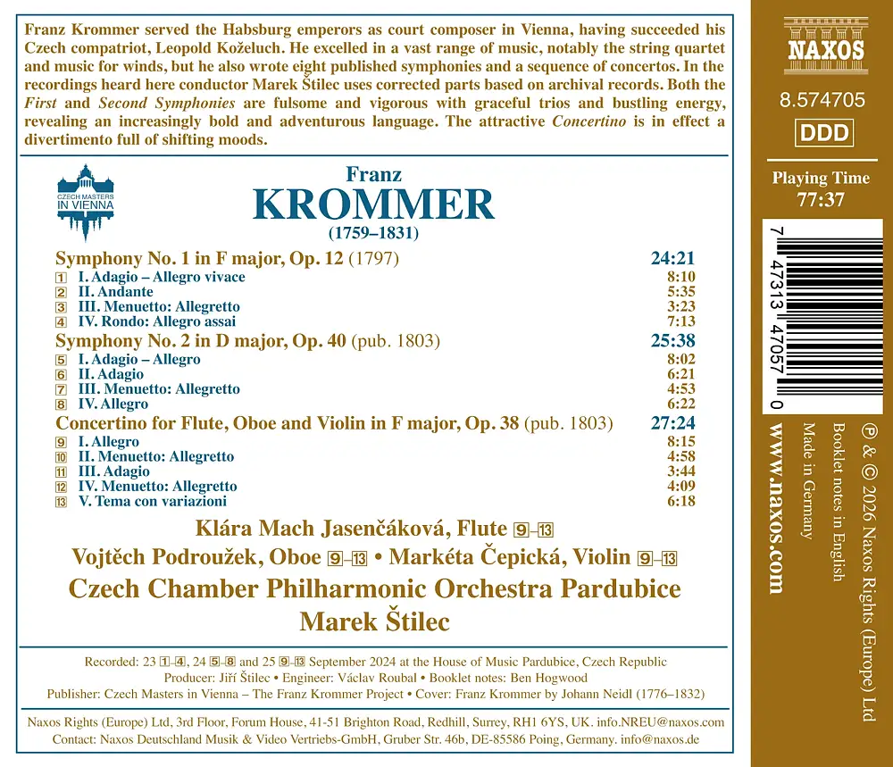 Krommer: Symphonies Nos. 1-2 & Concertino for Flute, Oboe & Violin