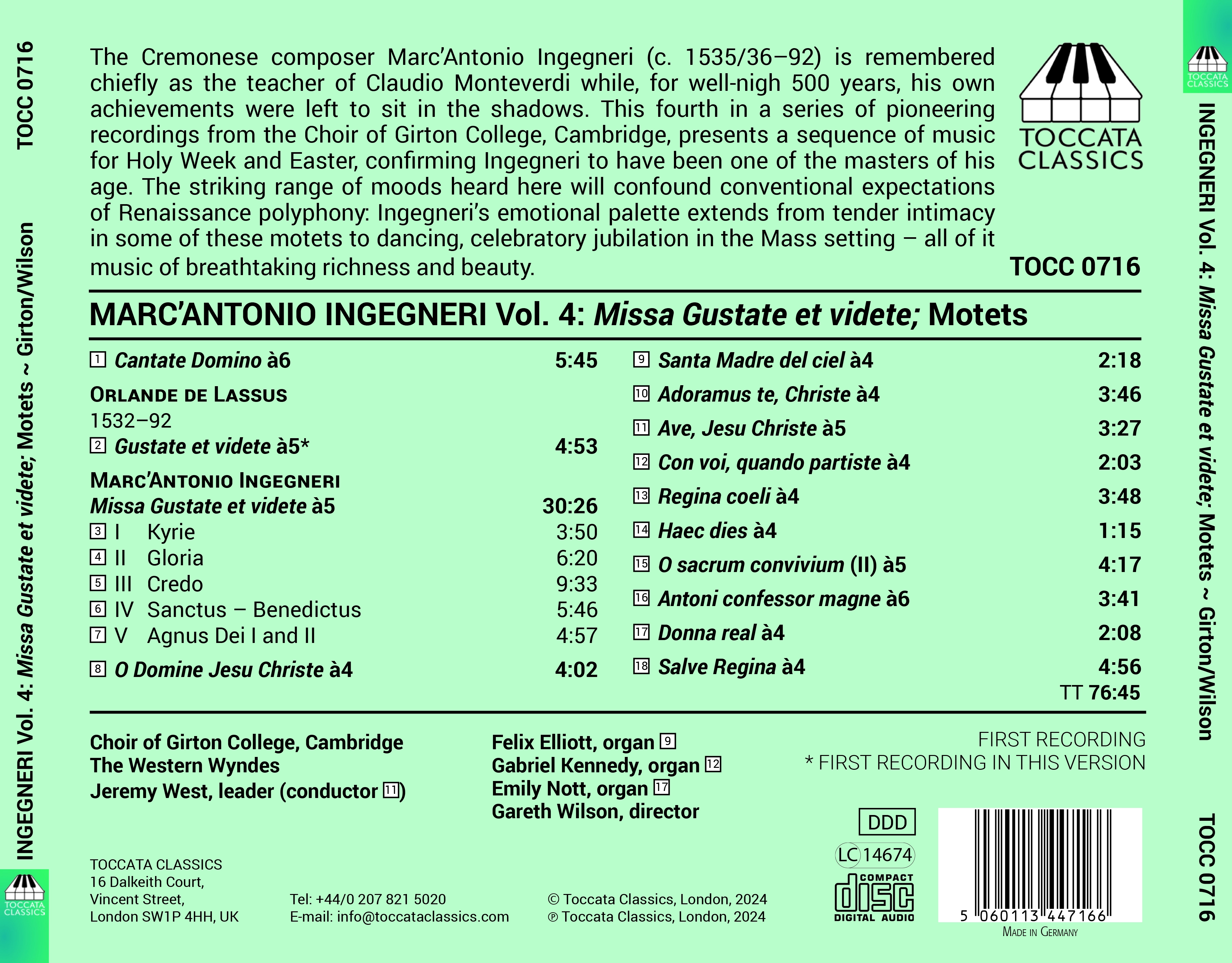 Marc’Antonio Ingegneri, Vol. 4: Missa Gustate et Videte; Motets for Holy Week and Easter