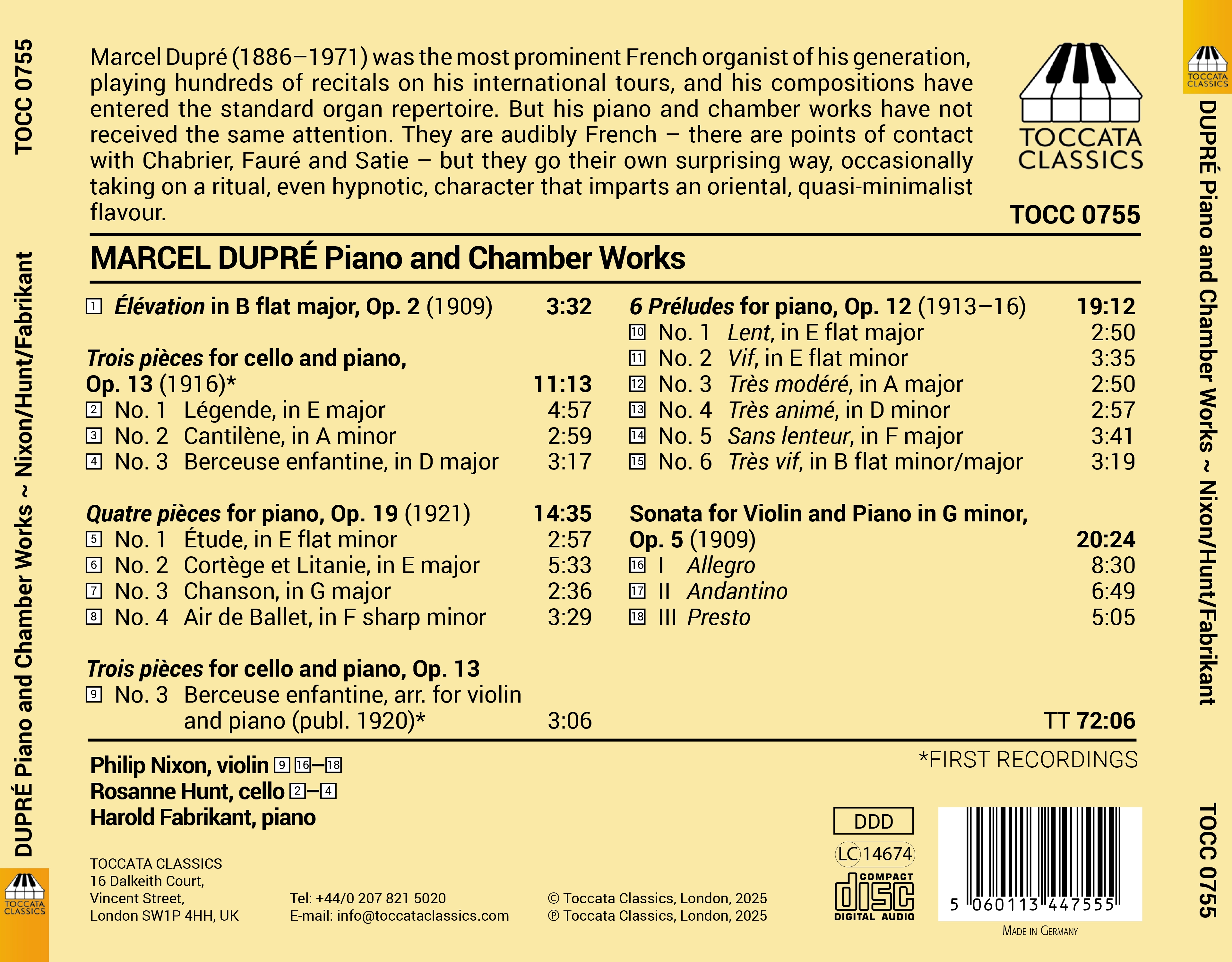 Marcel Dupré: Piano and Chamber Works