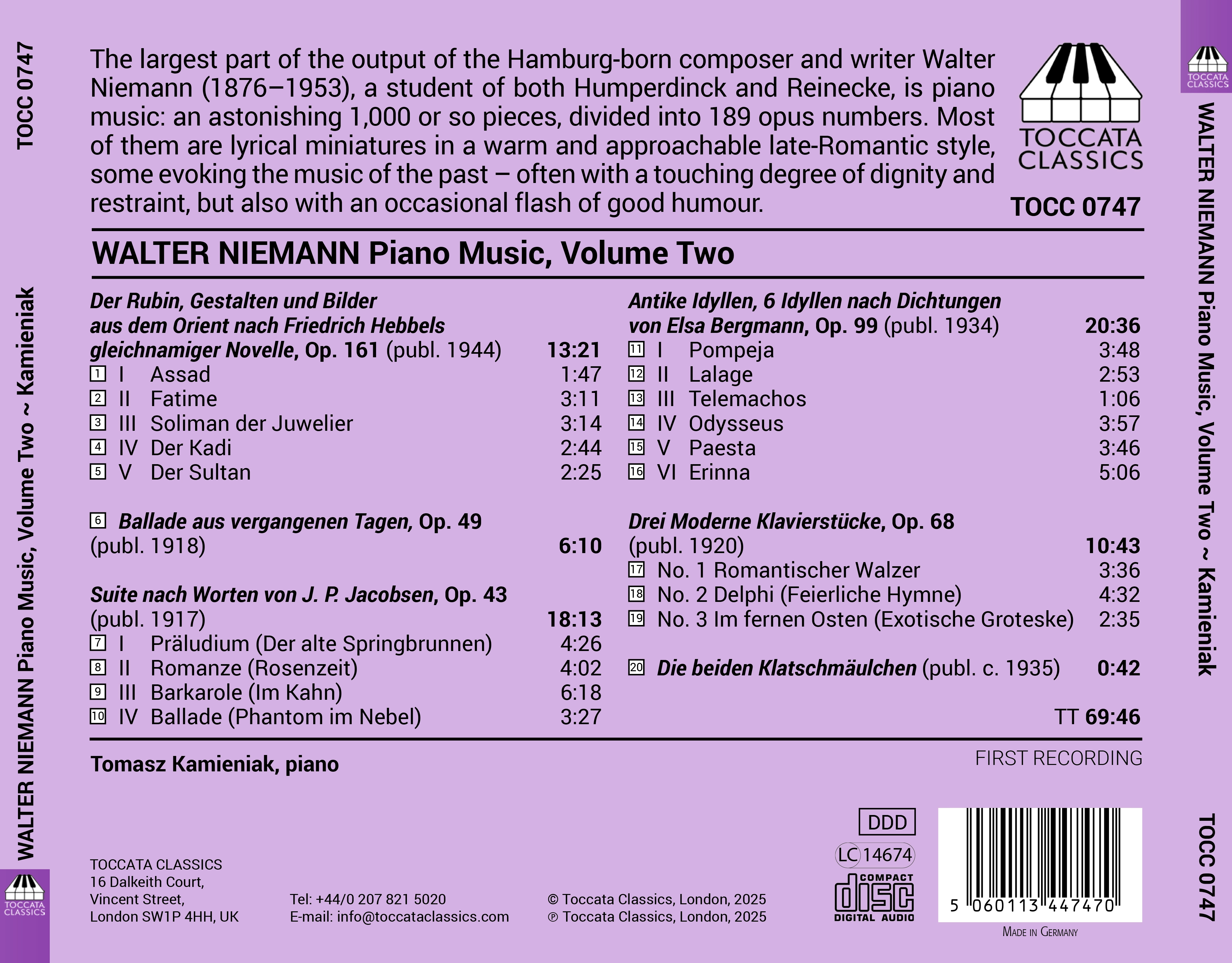 Walter Niemann: Piano Music, Vol. 1