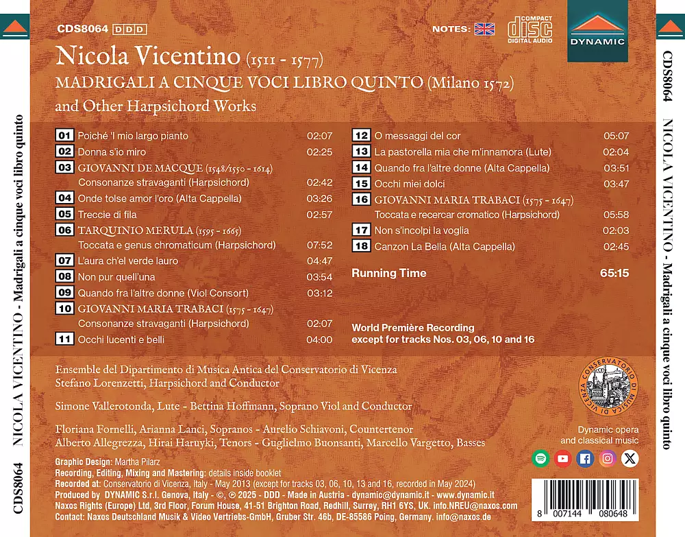Nicola Vicentino, Madrigali a cinque voci libro quinto, Milano 1572 and other Harpsichord Works