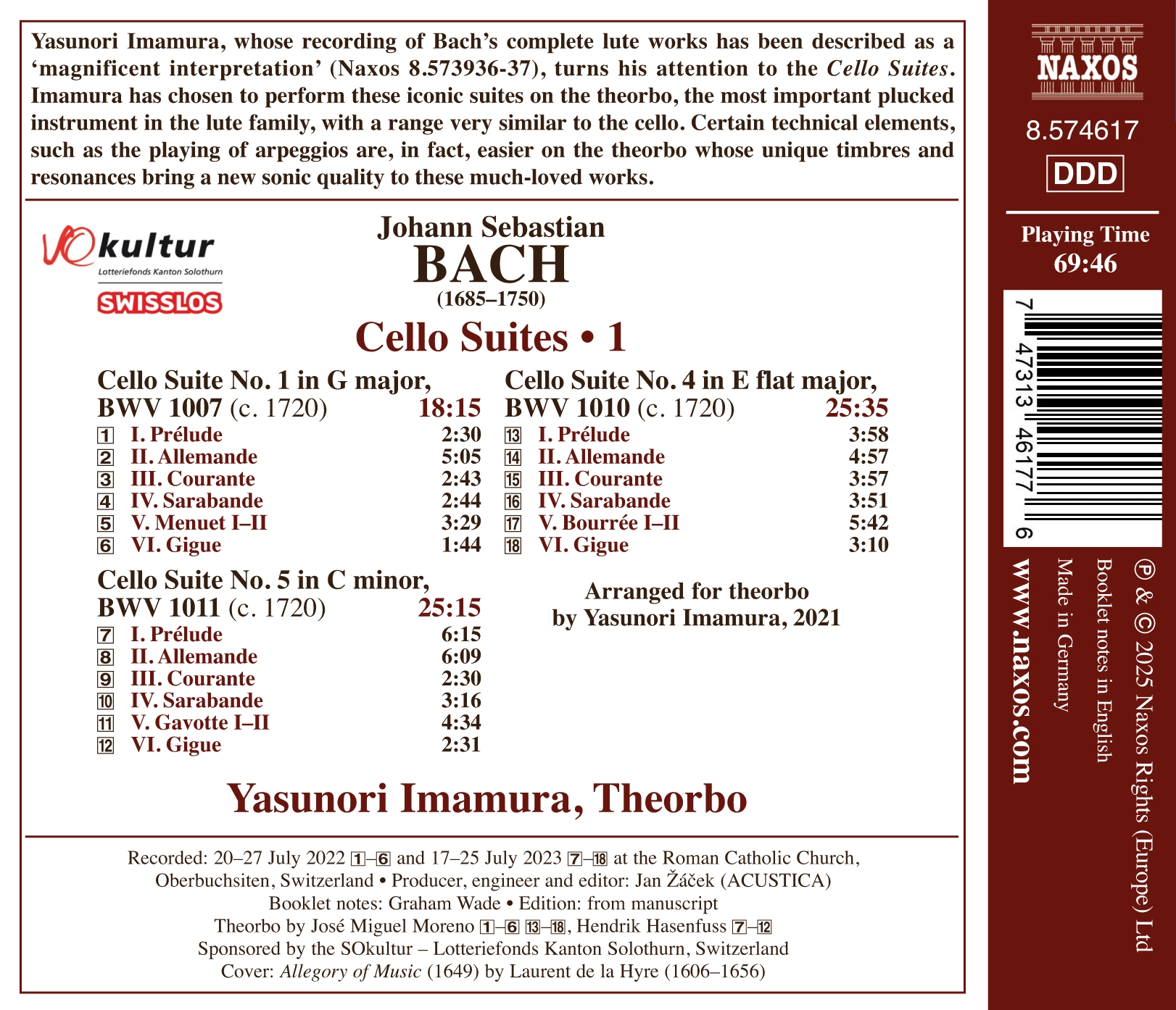 J.S. Bach: Cello Suites, Vol. 1 (Arr. for Theorbo by Yasunori Imamura)