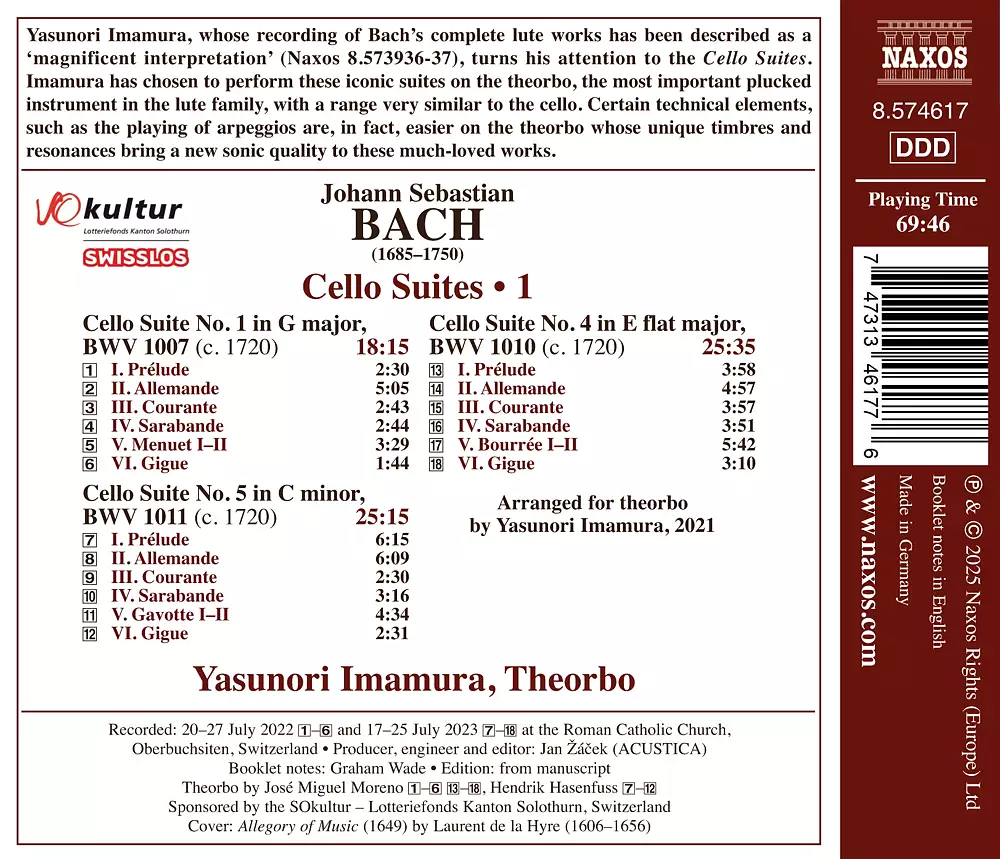 J.S. Bach: Cello Suites, Vol. 1 (Arr. for Theorbo by Yasunori Imamura)