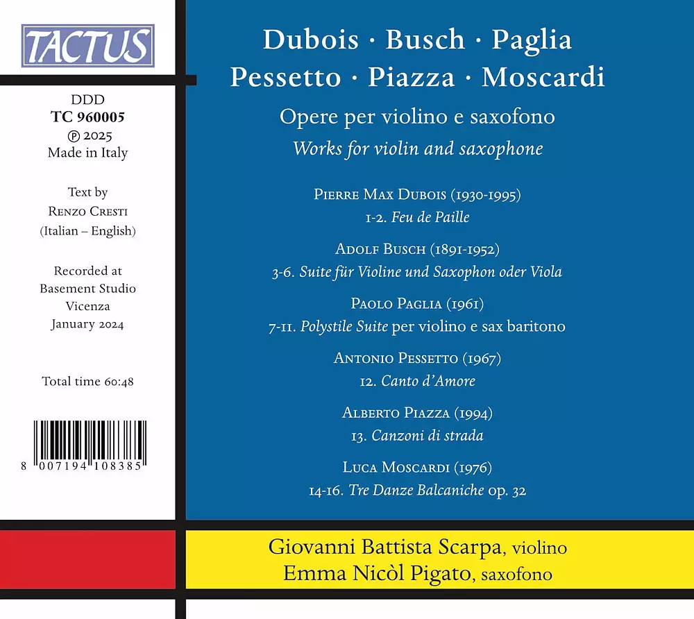 Dubois • Busch • Paglia • Pessetto • Piazza • Moscardi: Works for violin and saxophone