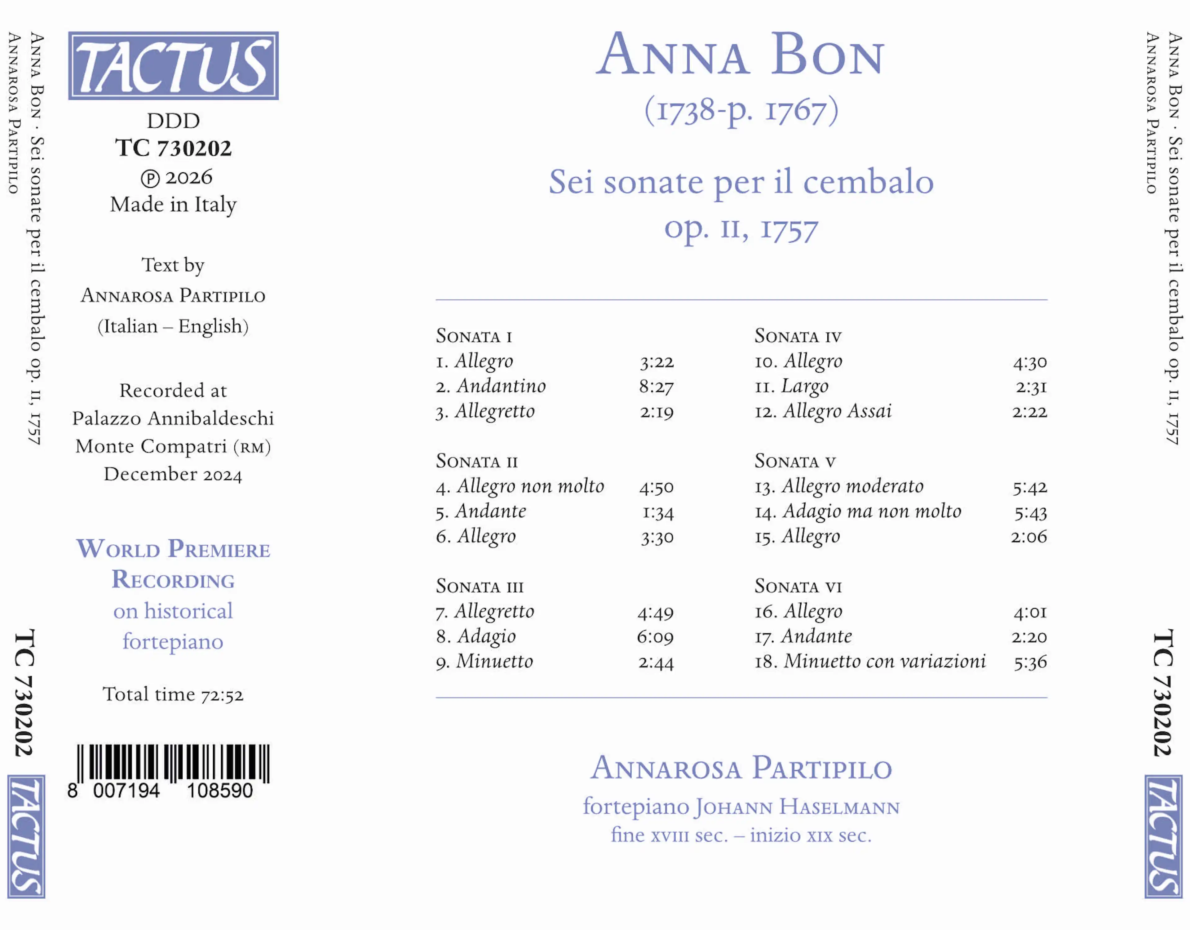 Bon: Sei sonate per il cembalo, op. II, 1757