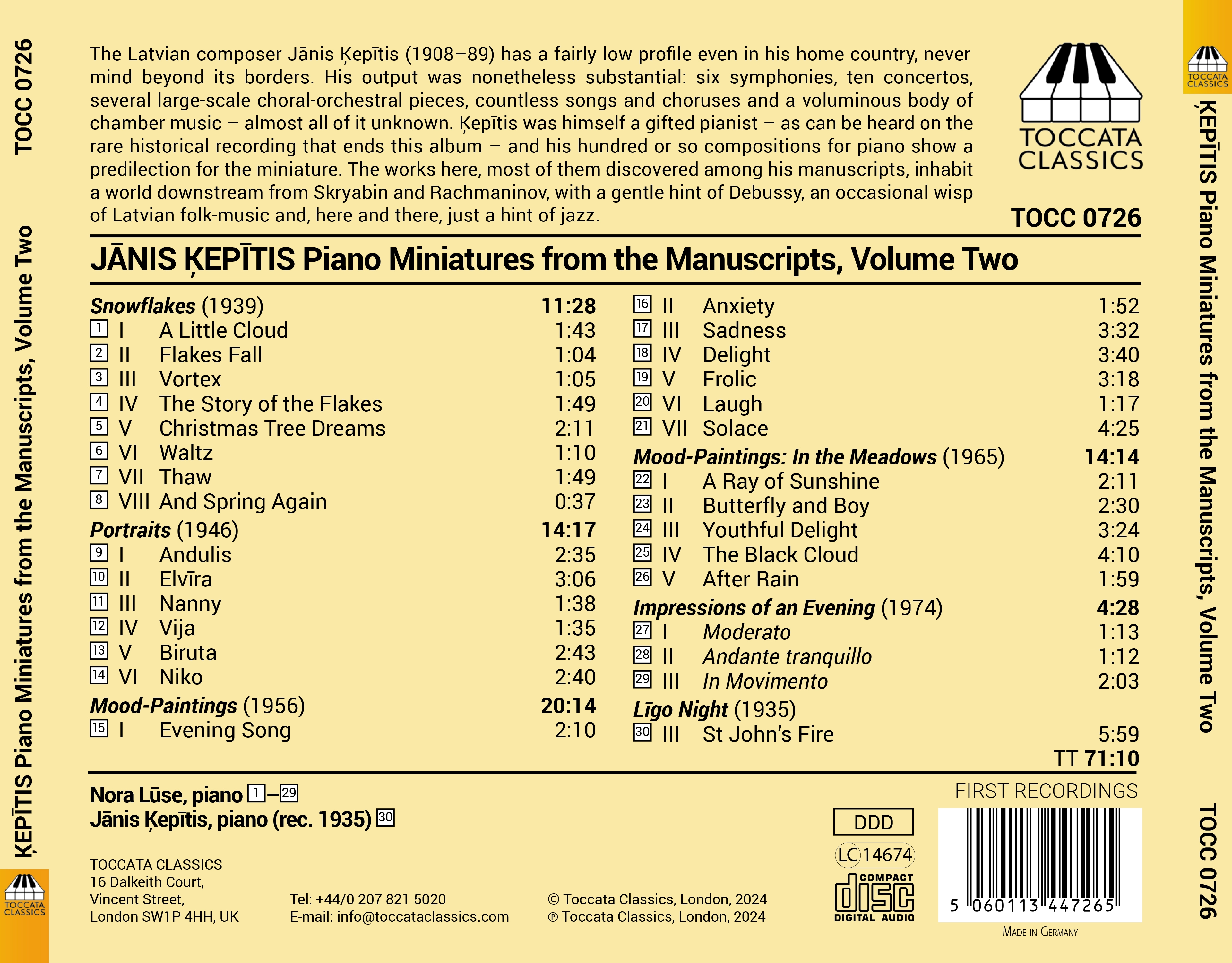 Jānis Ķepītis:  Piano Miniatures from the Manuscripts, Vol. 2