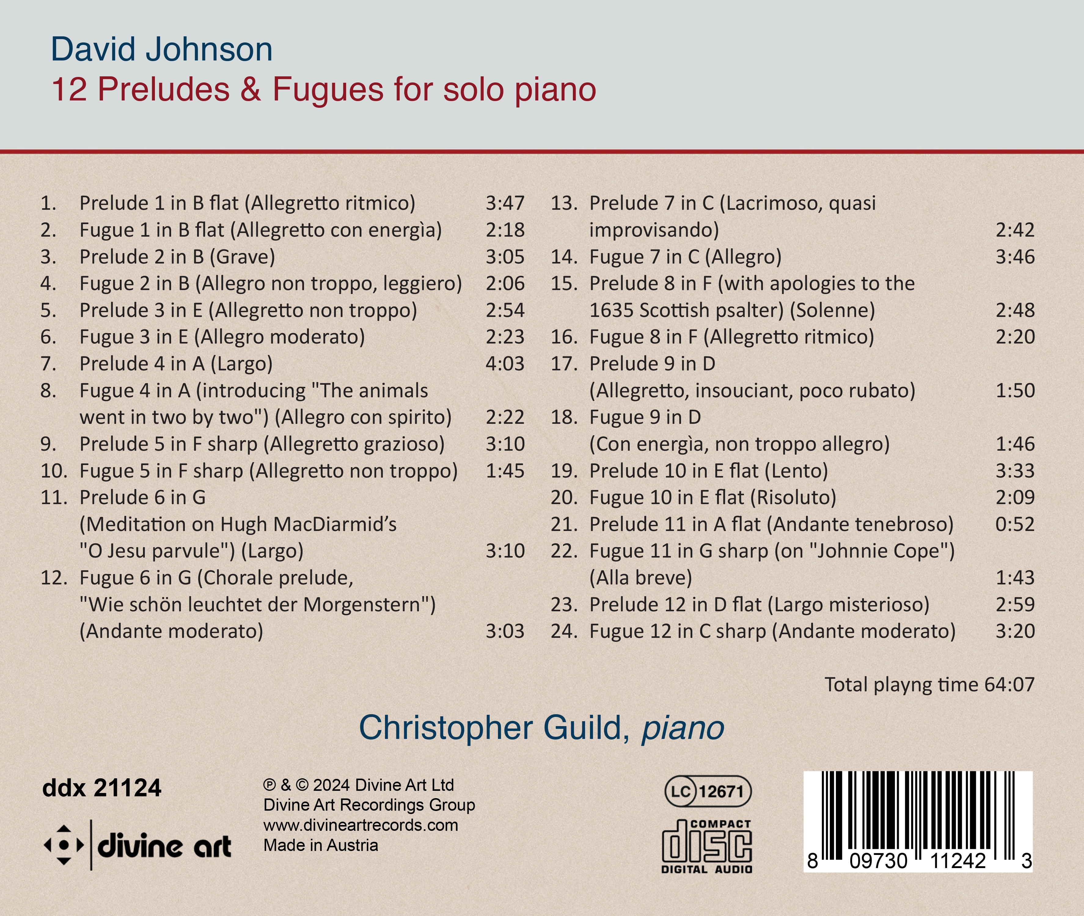 David Johnson: 12 Preludes and Fugues for Solo Piano