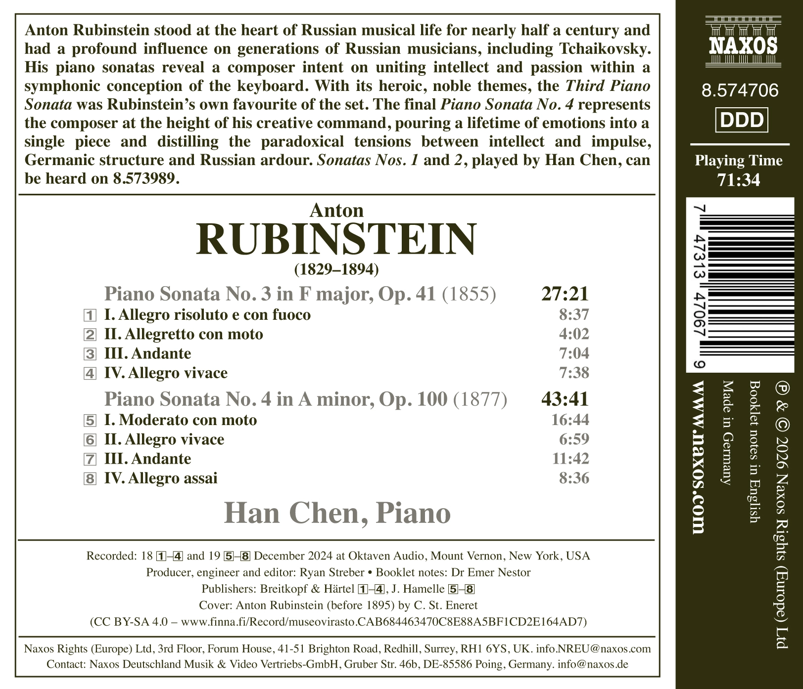 Rubinstein: Piano Sonatas Nos. 3 & 4