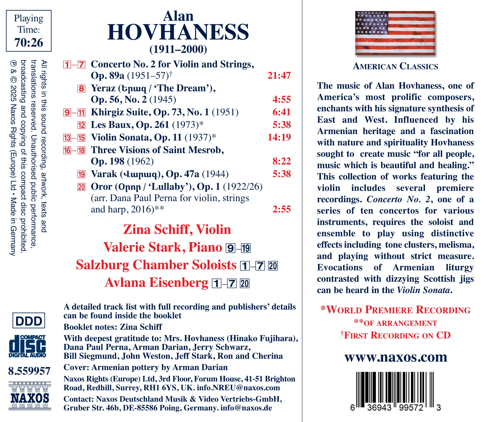 Hovhaness: Concerto No. 2 for Violin & Strings, Op. 89a & Other Works