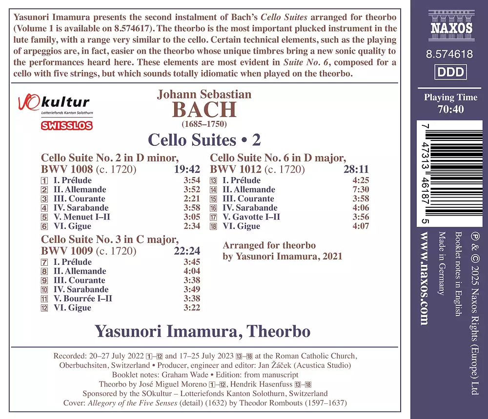 J.S. Bach: Cello Suites (Arr. for Theorbo by Yasunori Imamura), Vol. 2