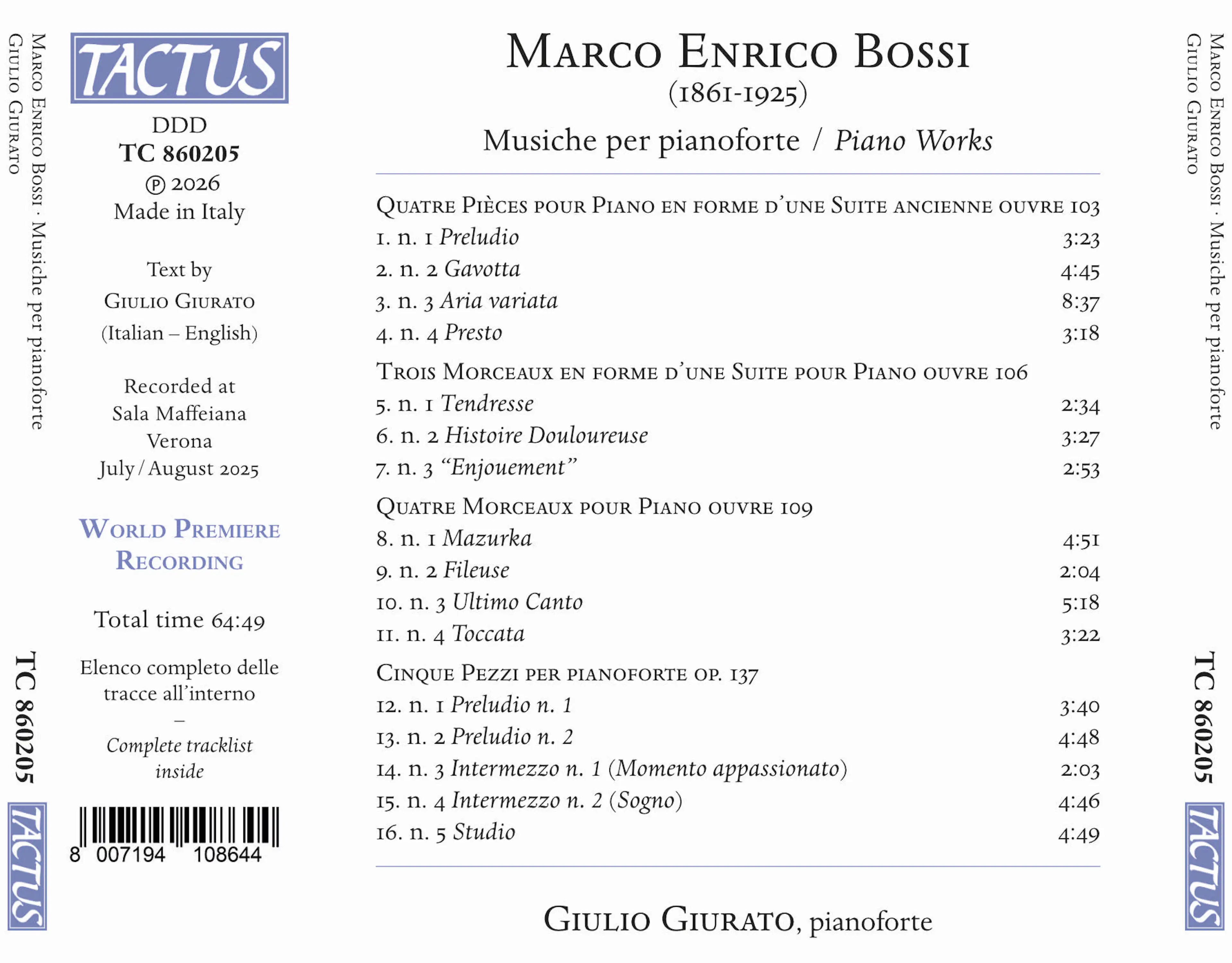 Bossi: Musiche per pianoforte