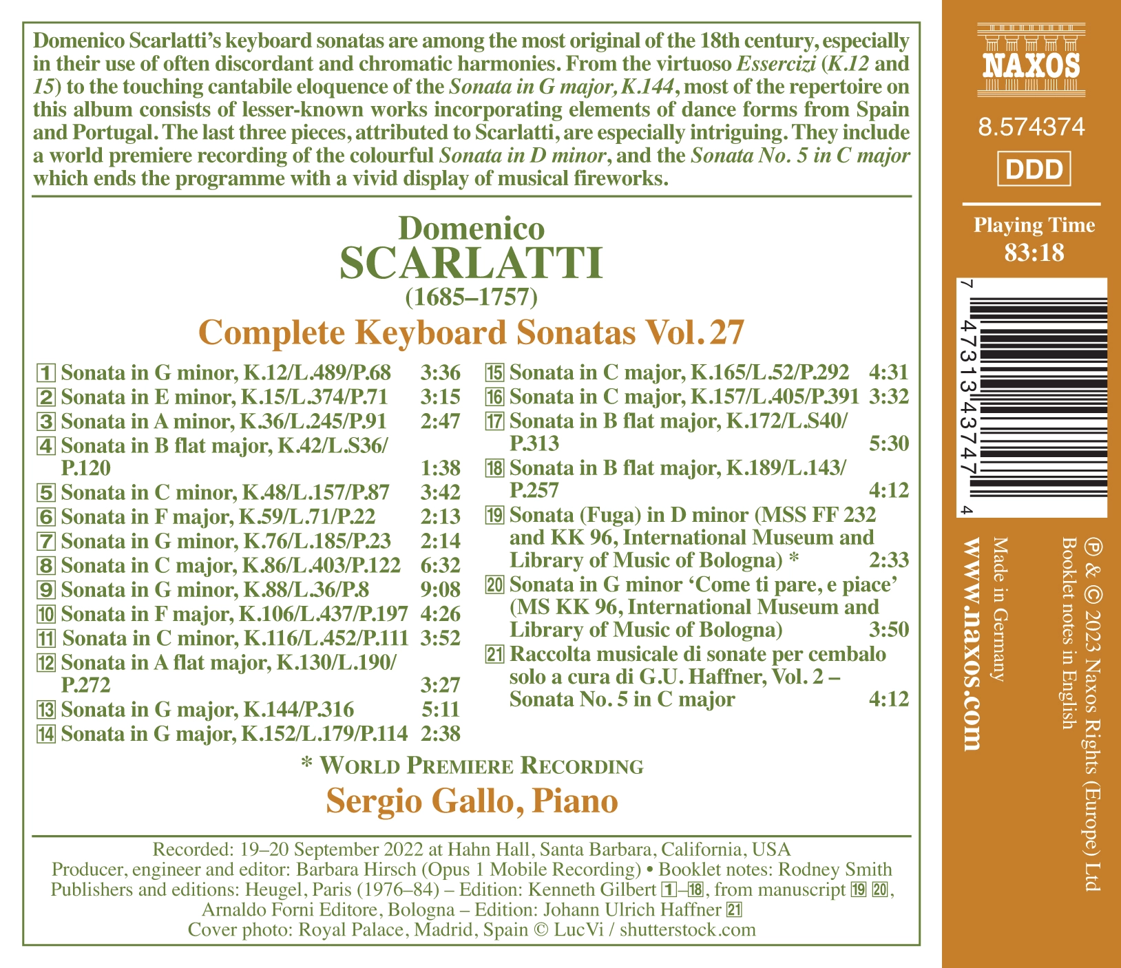 D. Scarlatti: Complete Keyboard Sonatas, Vol. 27