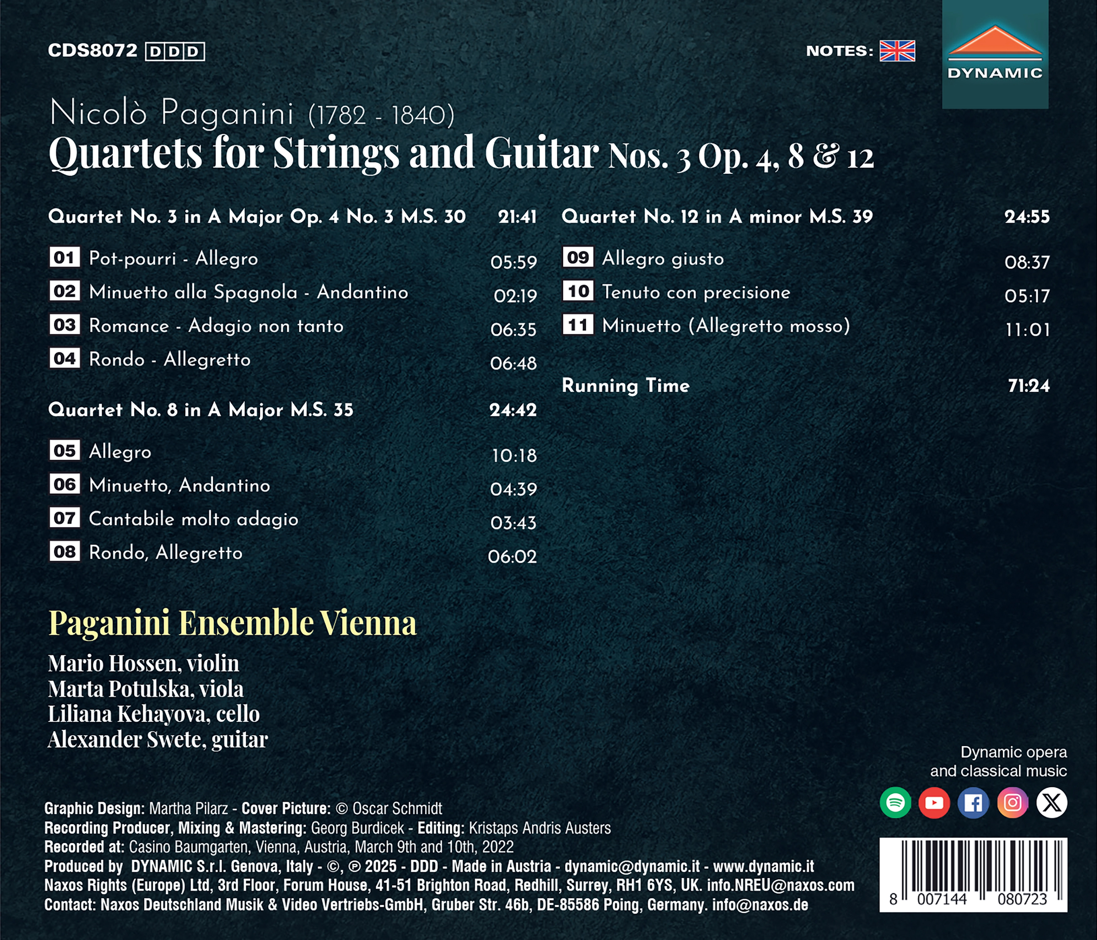 Nicolò Paganini, Quartets for Strings and Guitar Nos. 3 Op. 4, 8 & 12