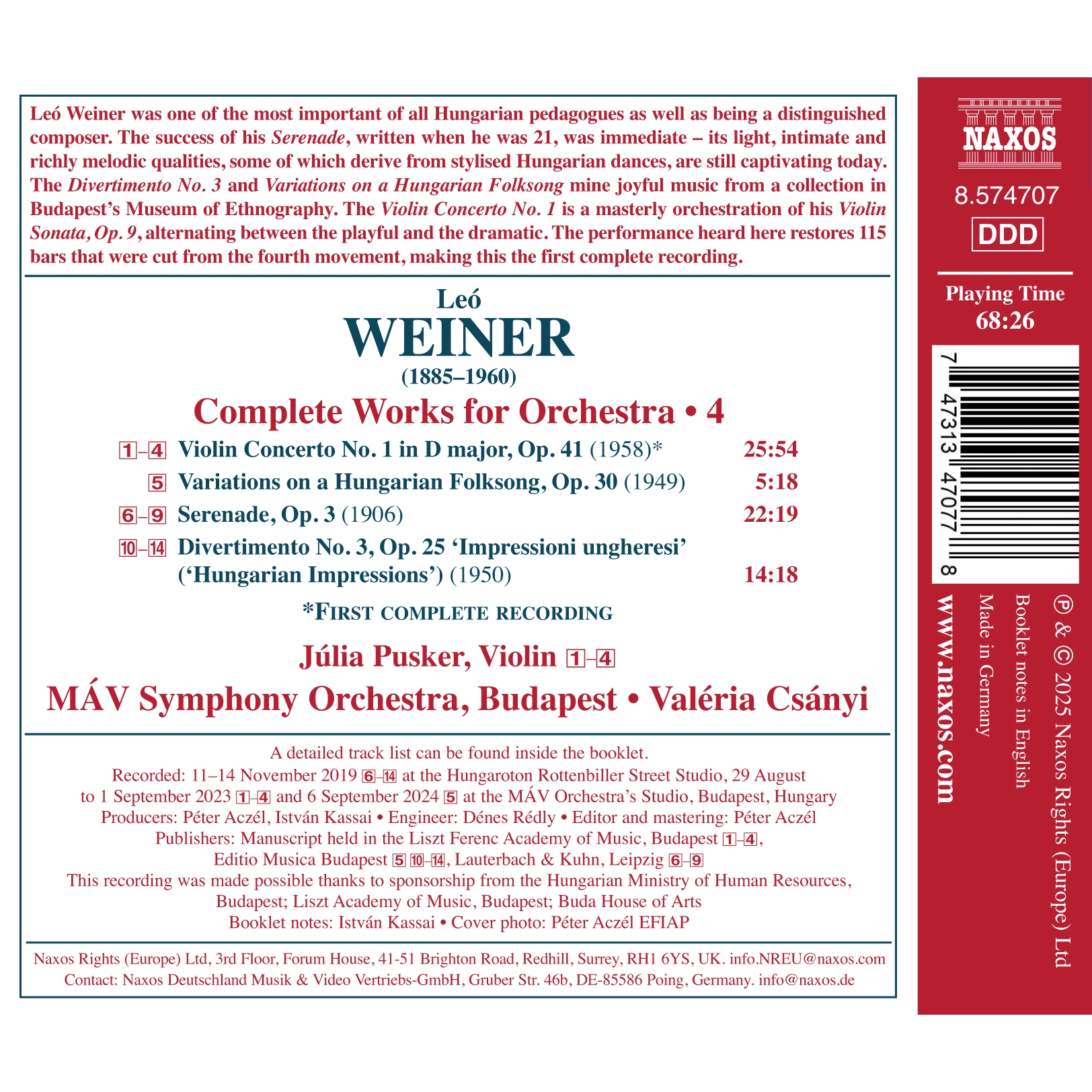 Weiner: Complete Works for Orchestra, Vol. 4
