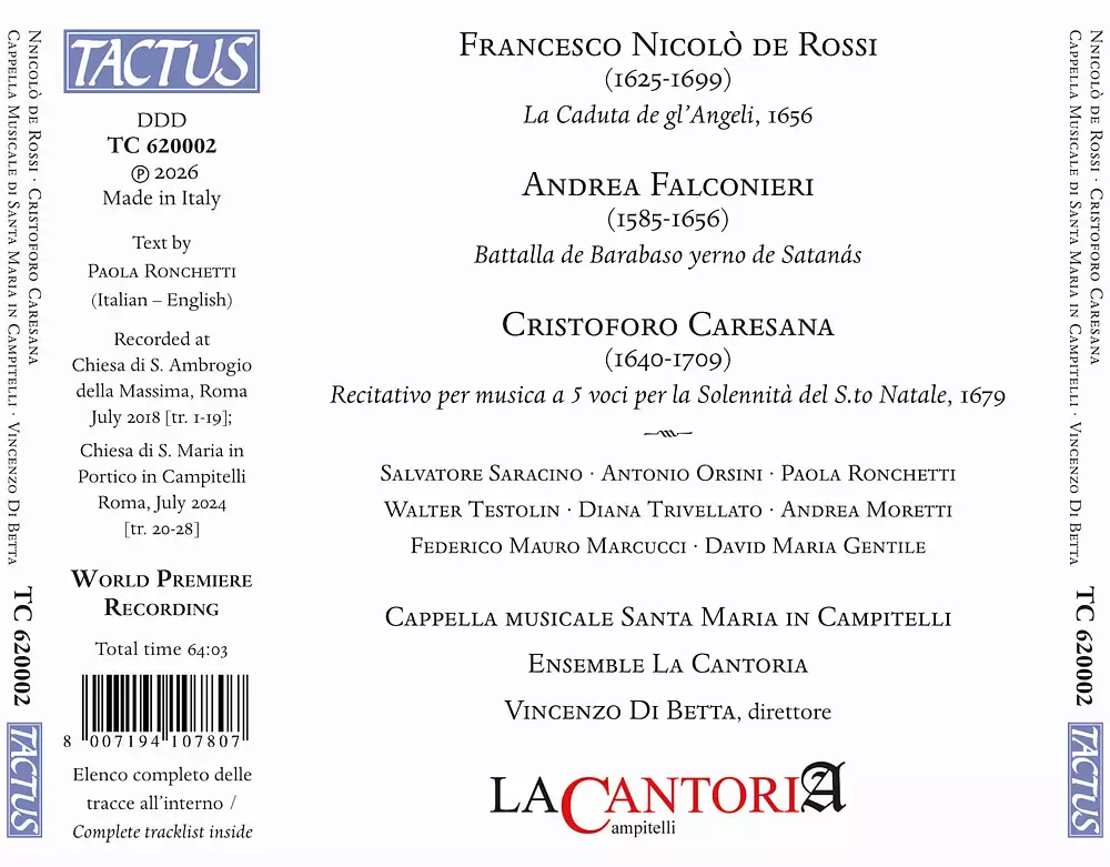 de Rossi-Caresana: La Caduta de gl’Angeli, 1656 • Recitativo per musica a 5 voci per la Solennità del S.to Natale, 1679