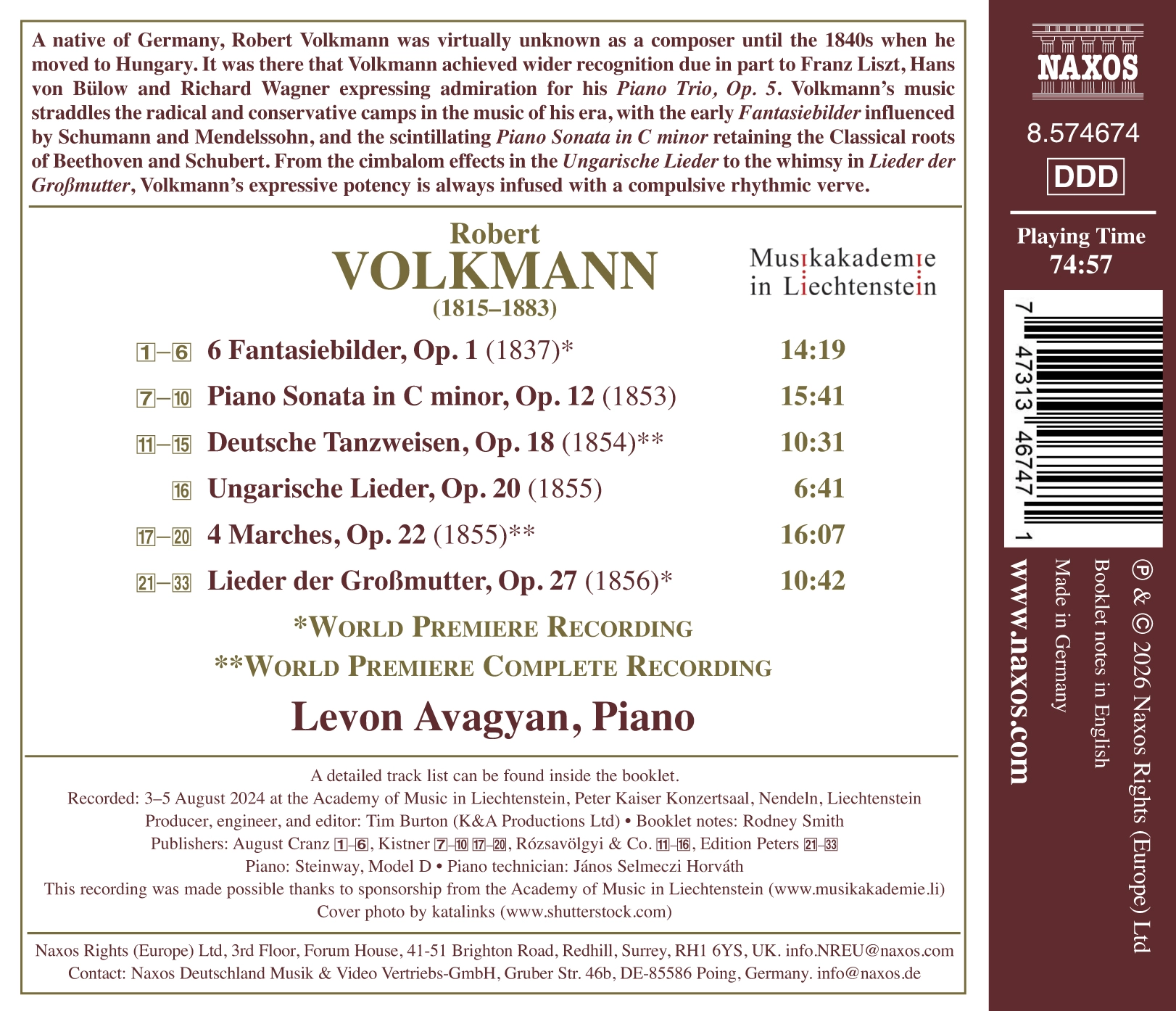 Volkmann: Piano Works