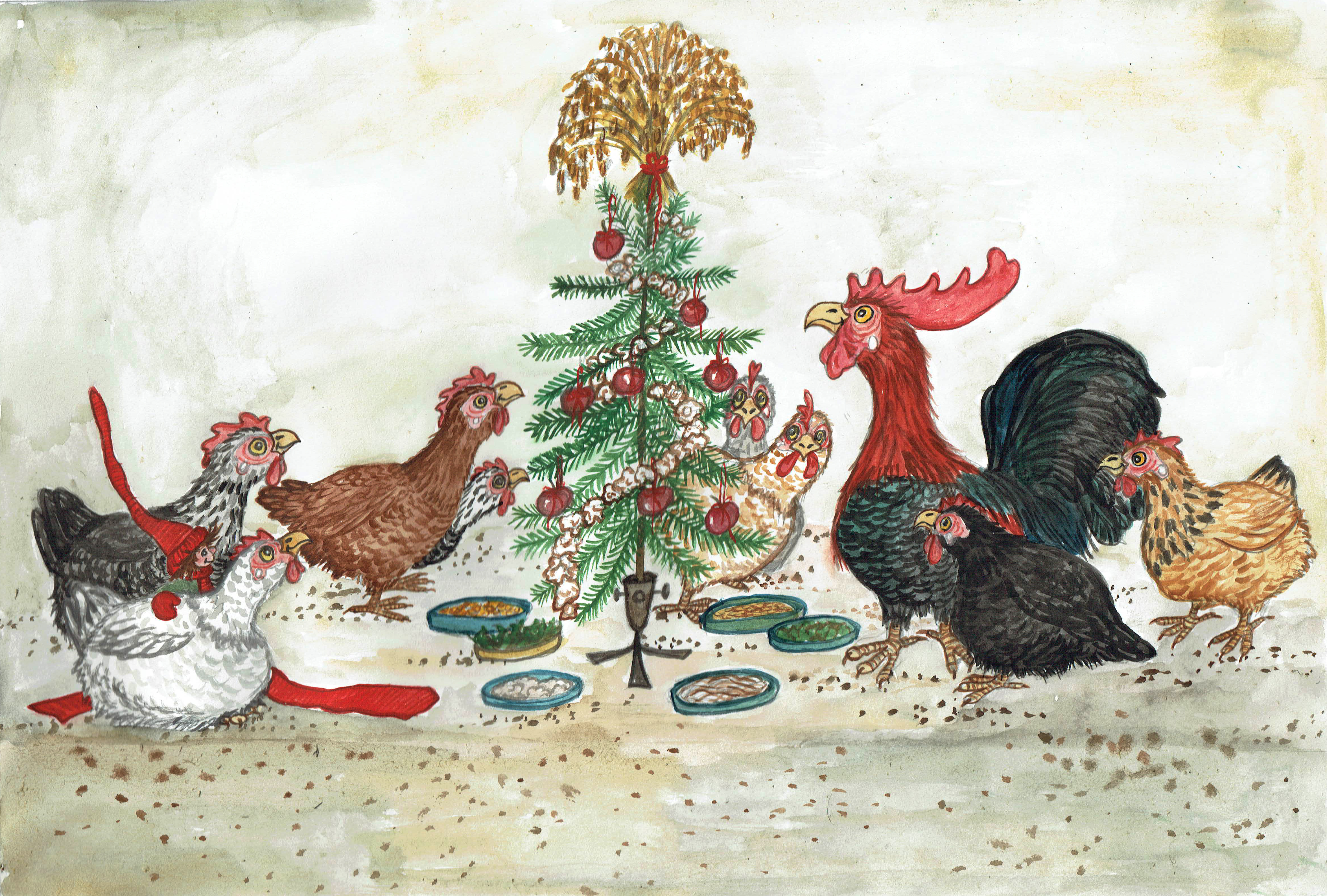 Julkort "Jul hos hönsen"