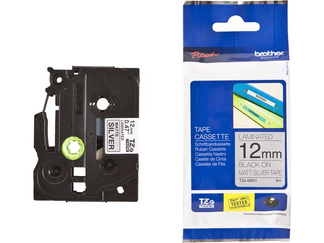 Tape BROTHER TZEM931 12mm sv på silver - 2