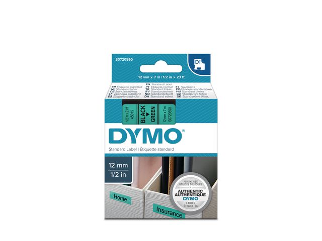 Tape DYMO D1 12mm svart på grön