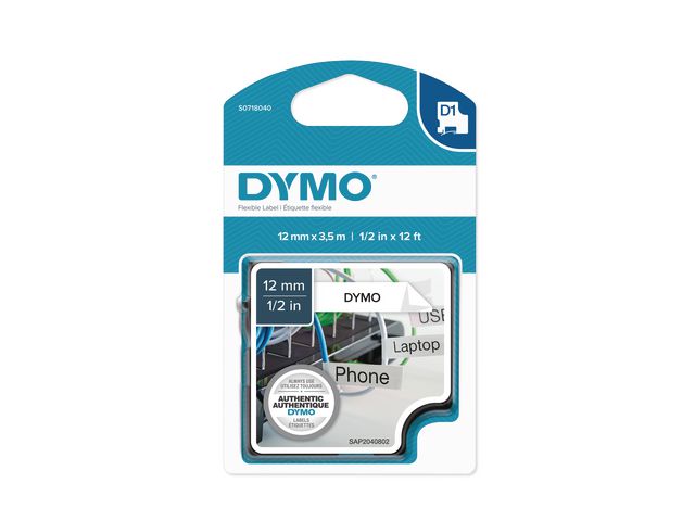 Tape DYMO D1 12mm Nylon svart på vit