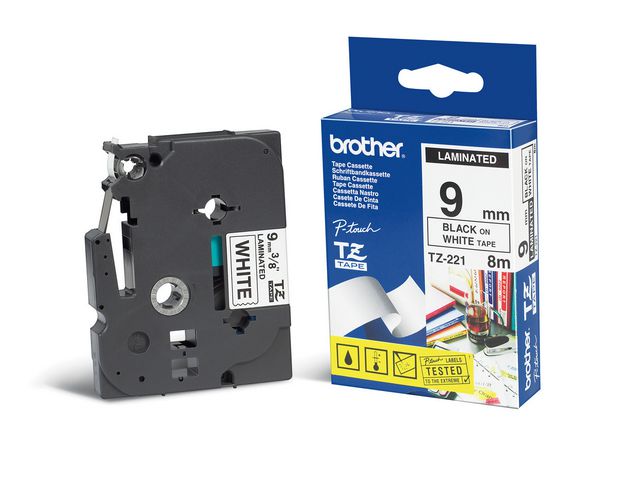 Tape BROTHER TZE221 9mm svart på vit - 2