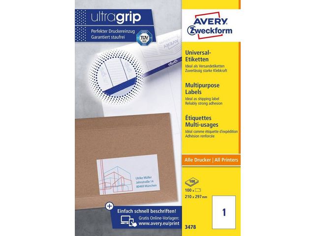 Etikett AVERY 210x297 mm 100/FP
