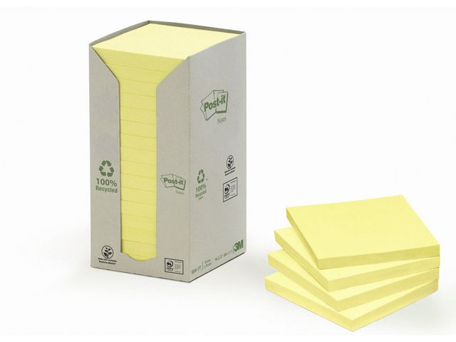 Notes POST-IT 100% recycled 76x76 gul 16/fp