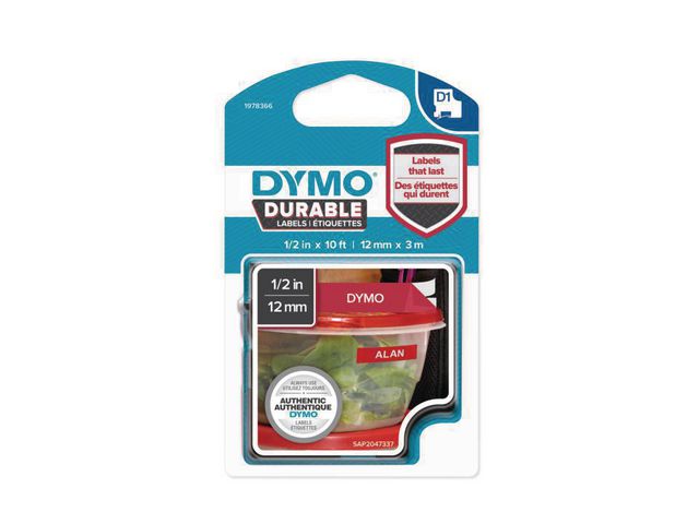 Tape DYMO Durable D1 12mm Vit på röd