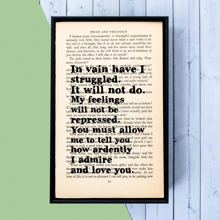 Bookishly : Book Page Print Jane Austen Mr Darcy proposal "In vain have I struggled..." - 2