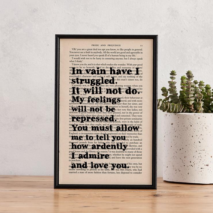 Bookishly : Book Page Print Jane Austen Mr Darcy proposal "In vain have I struggled..."