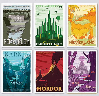 Bookishly : Postcard Set Fictional Travel Poster 12 vykort med posters från fiktiva resmål - Perfekt för fåtöljresenärens korrespondens!