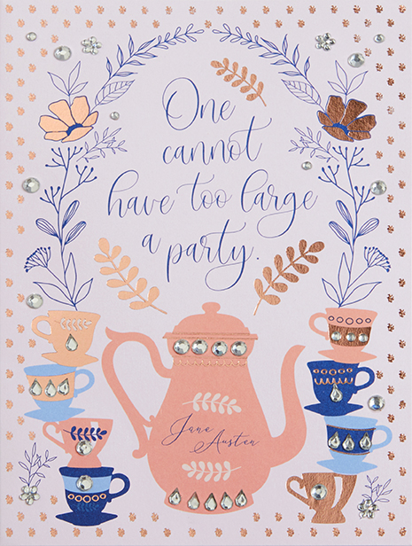 Jane Austen : Tea Party Birthday Embellished Card - kort med pärlor och kuvert