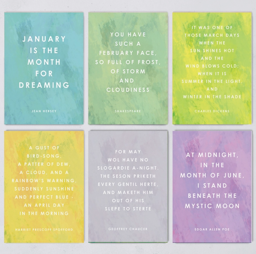 Bookishly : Postcard Set Year of Literary Quotes - 12 vykort med månadscitat för hela året - köp till smarta bordshållaren!