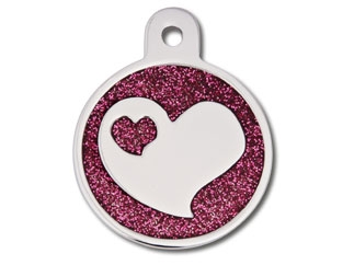 Graverad ID-bricka RUND S Lila glitter med hjärta  2x2cm