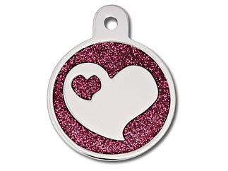 Graverad ID-bricka RUND S Lila glitter med hjärta  2x2cm