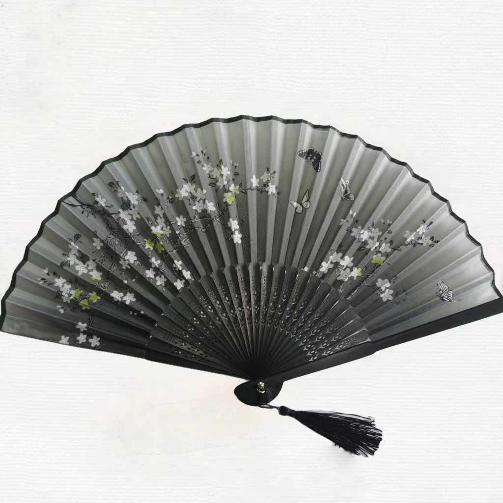 Silk Fan with Tassel - Grey / Green Butterfly