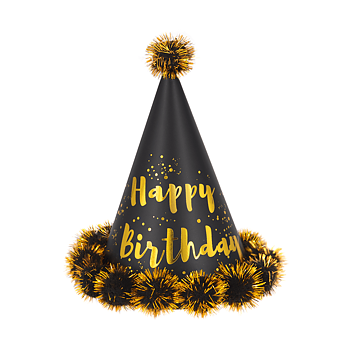 Partyhatt Svart Guld Pompom Happy Birthday  