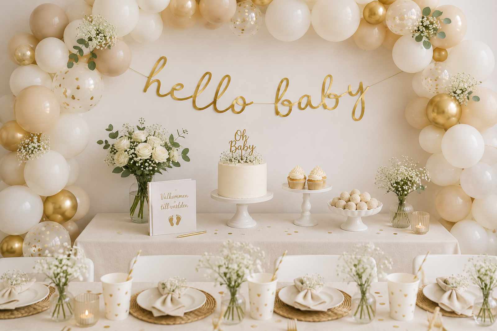 Elegant babyshower med Hello Baby-girlang, ballongbåge och dekorationer i beige, vitt och guld