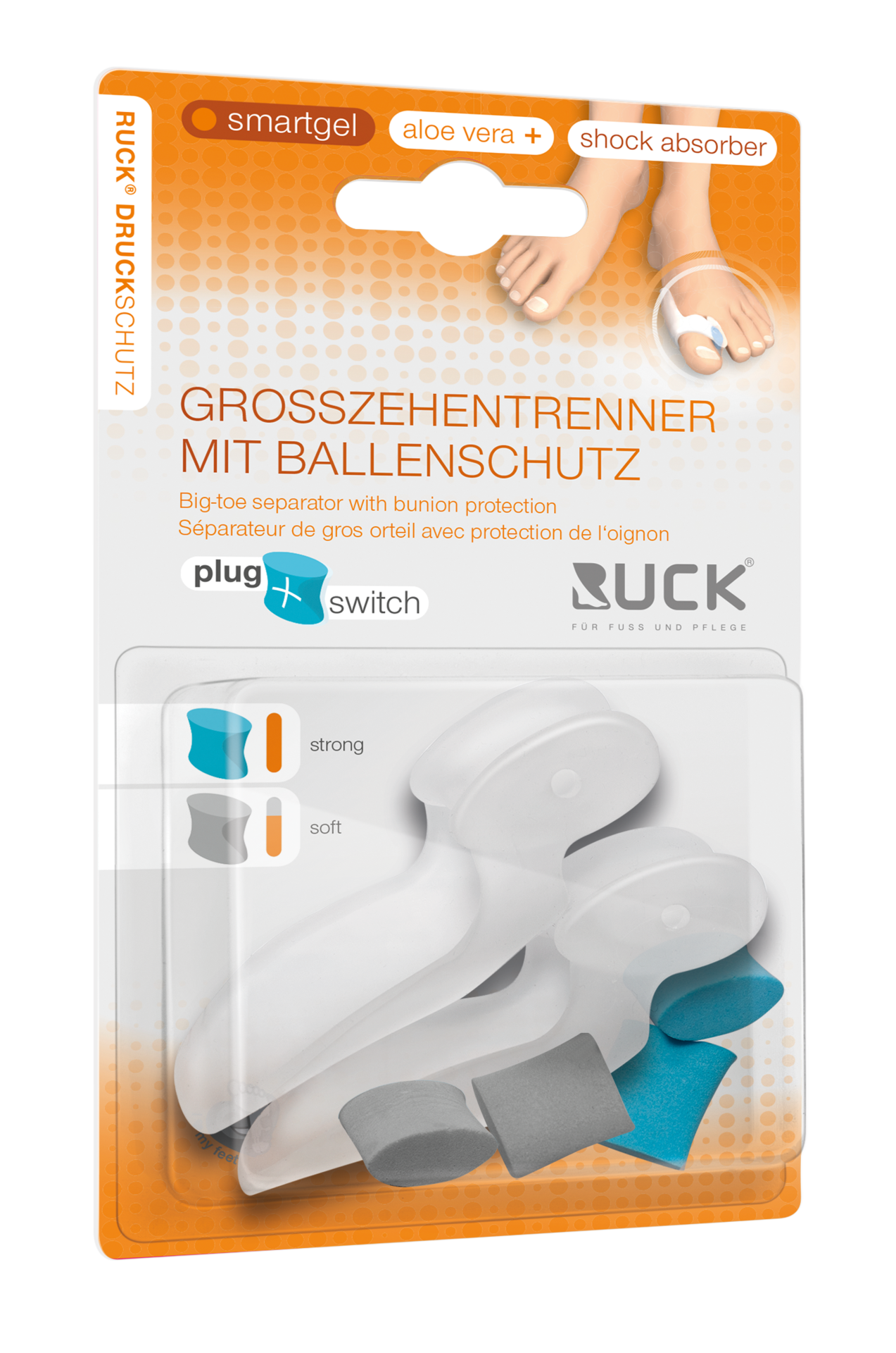 RUCK® AVLASTNING Smartgel plug+switch, stortåspridare med Hallux Vallgus-skydd (2 st)