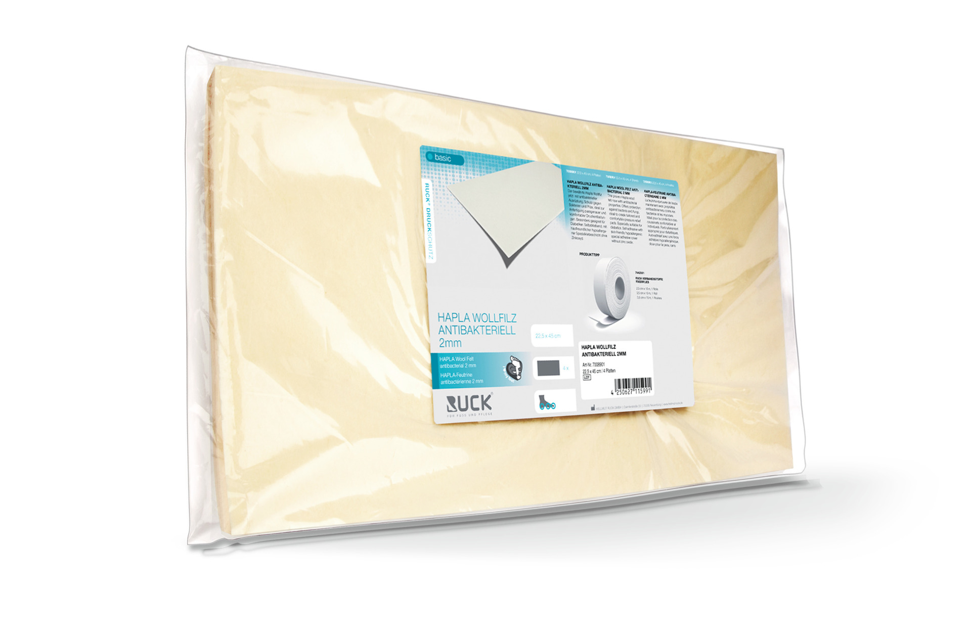 RUCK® AVLASTNING Basic, Hapla ullfilt antibakteriell 2 mm, 22,5x45 cm, 4 st