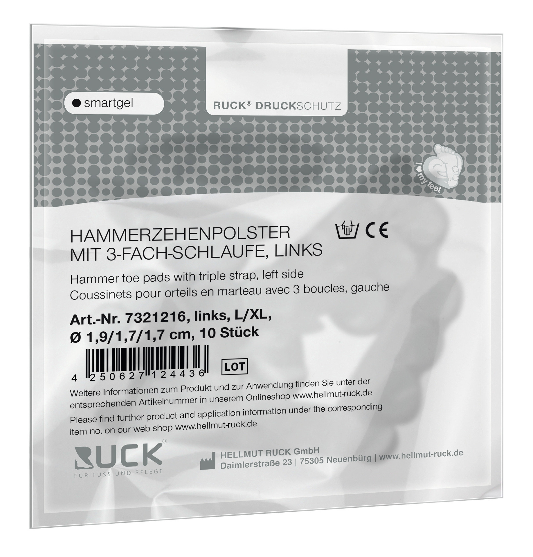 RUCK® AVLASTNING Smartgel, Hammartå 3-slinga (vänster, L/XL), 10 stycken