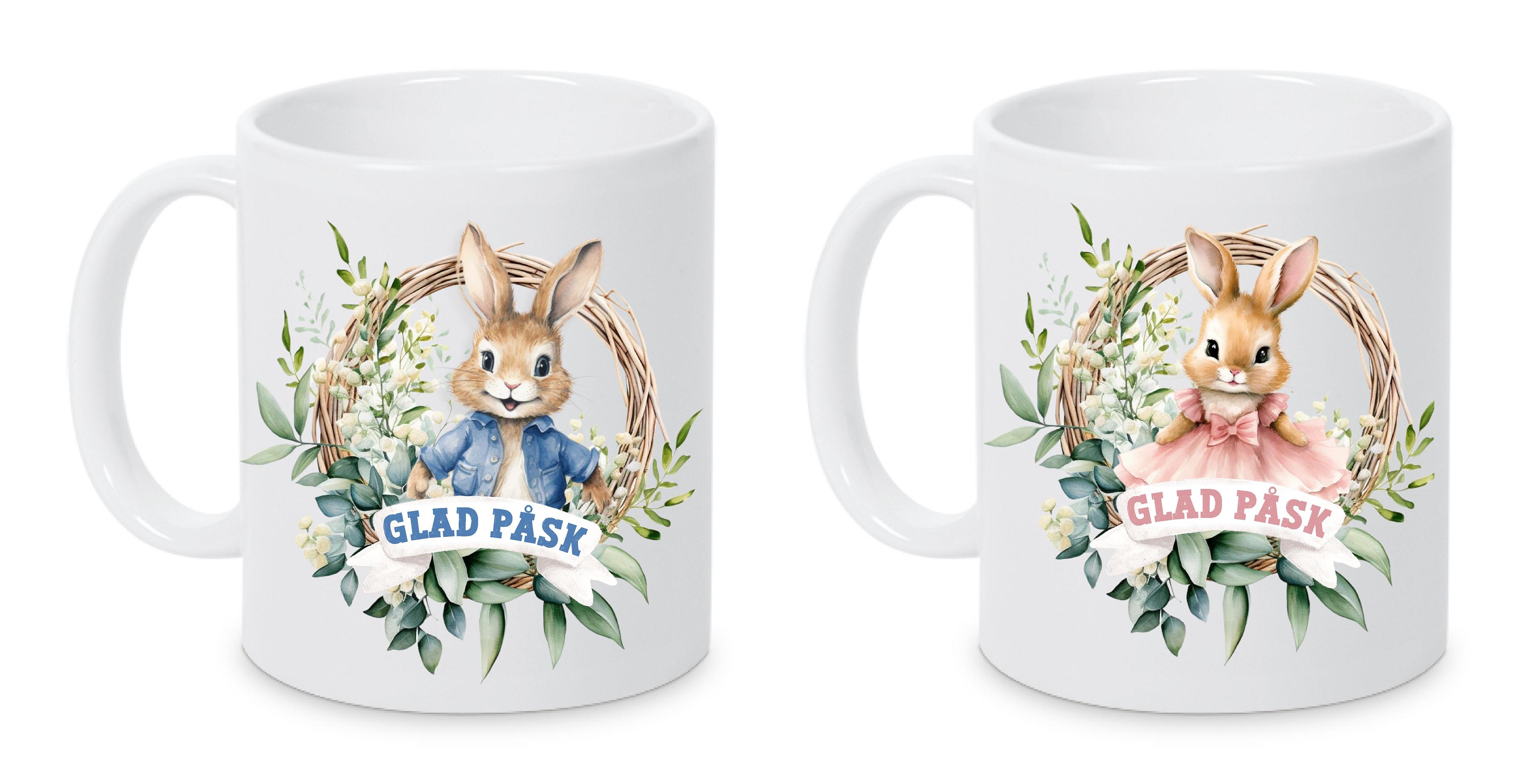 Mugg - Påsk - Kanin i krans - 2 motiv rosa/blå - 3