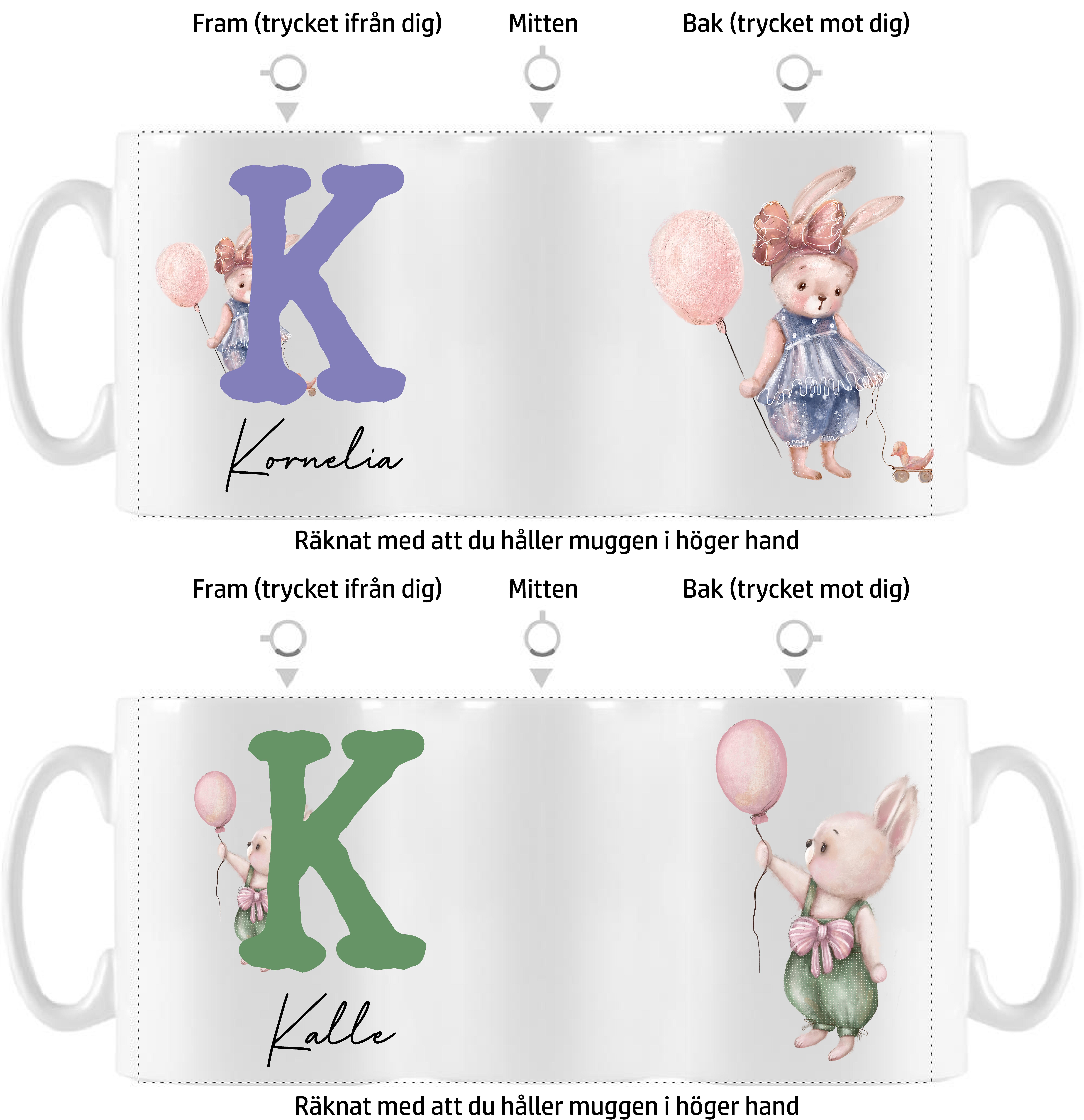 Mugg - Bokstav - Ballong - 2 motiv tjej/kille - 2