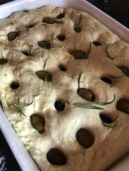 Focaccia alle olive, färdig att gräddas