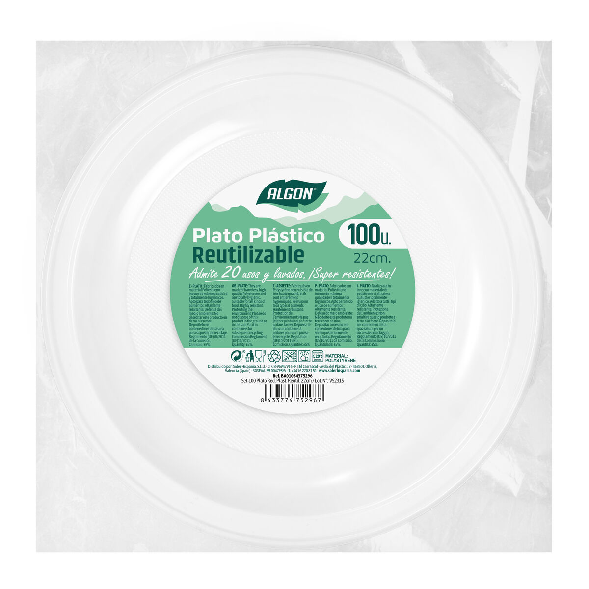 Set med återanvändbara tallrikar Algon Rund Vit 22 x 22 x 1,5 cm Plast 100 antal - 2
