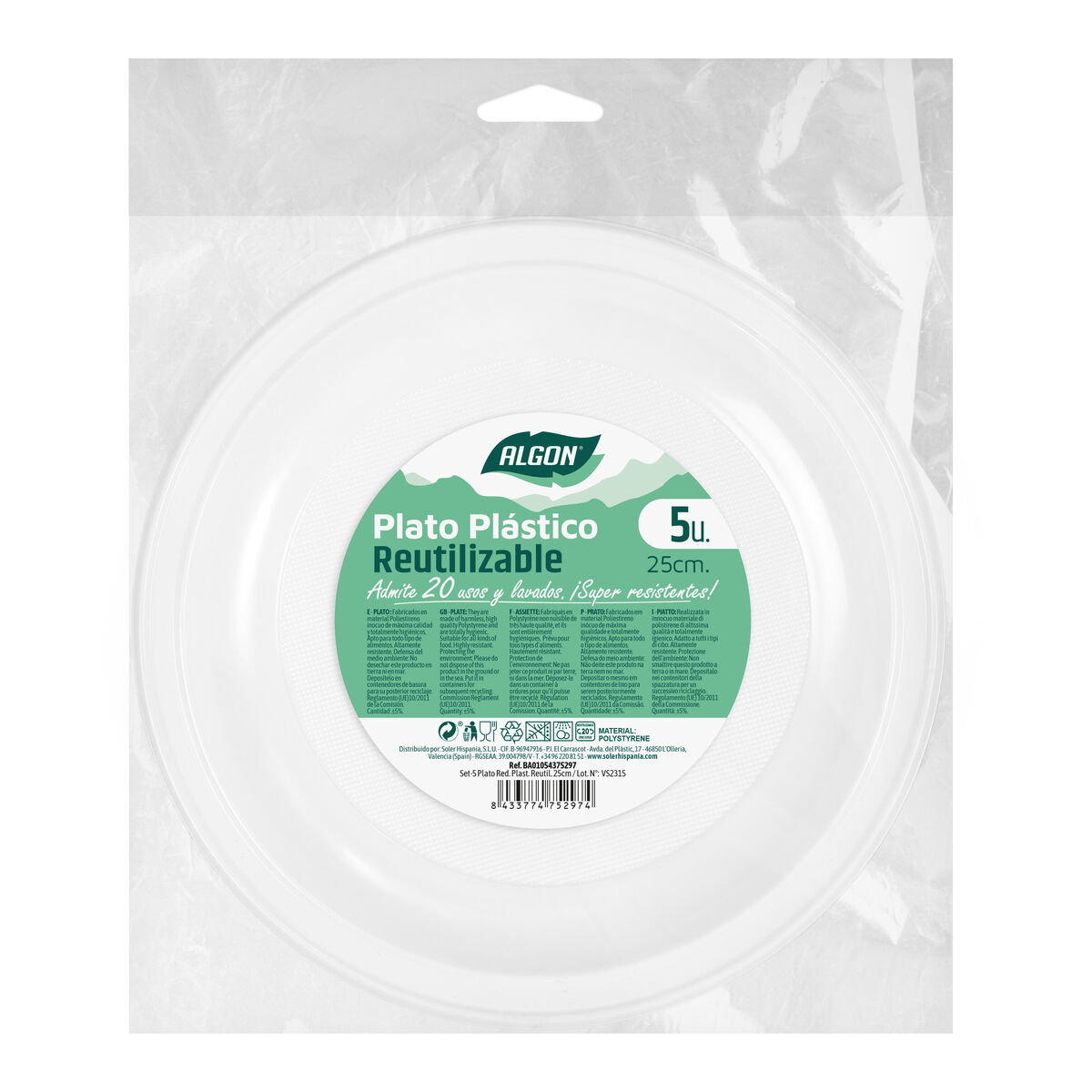 Set med återanvändbara tallrikar Algon Rund Vit Plast 25 cm 5 antal - 2
